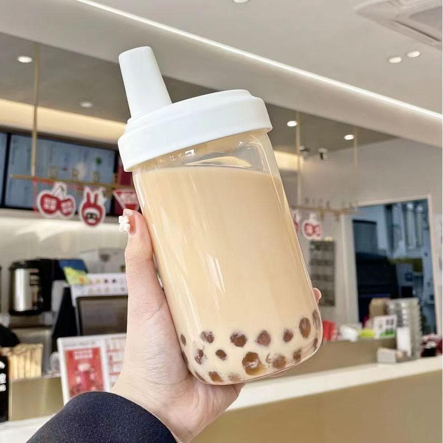 Kawaii Cat Boba Plastic Water Bottle with Straw PU Sleeve Cute Coffee Bubble Tea Milk Cups Portable Drinking Bottle BPA Free 850ml white