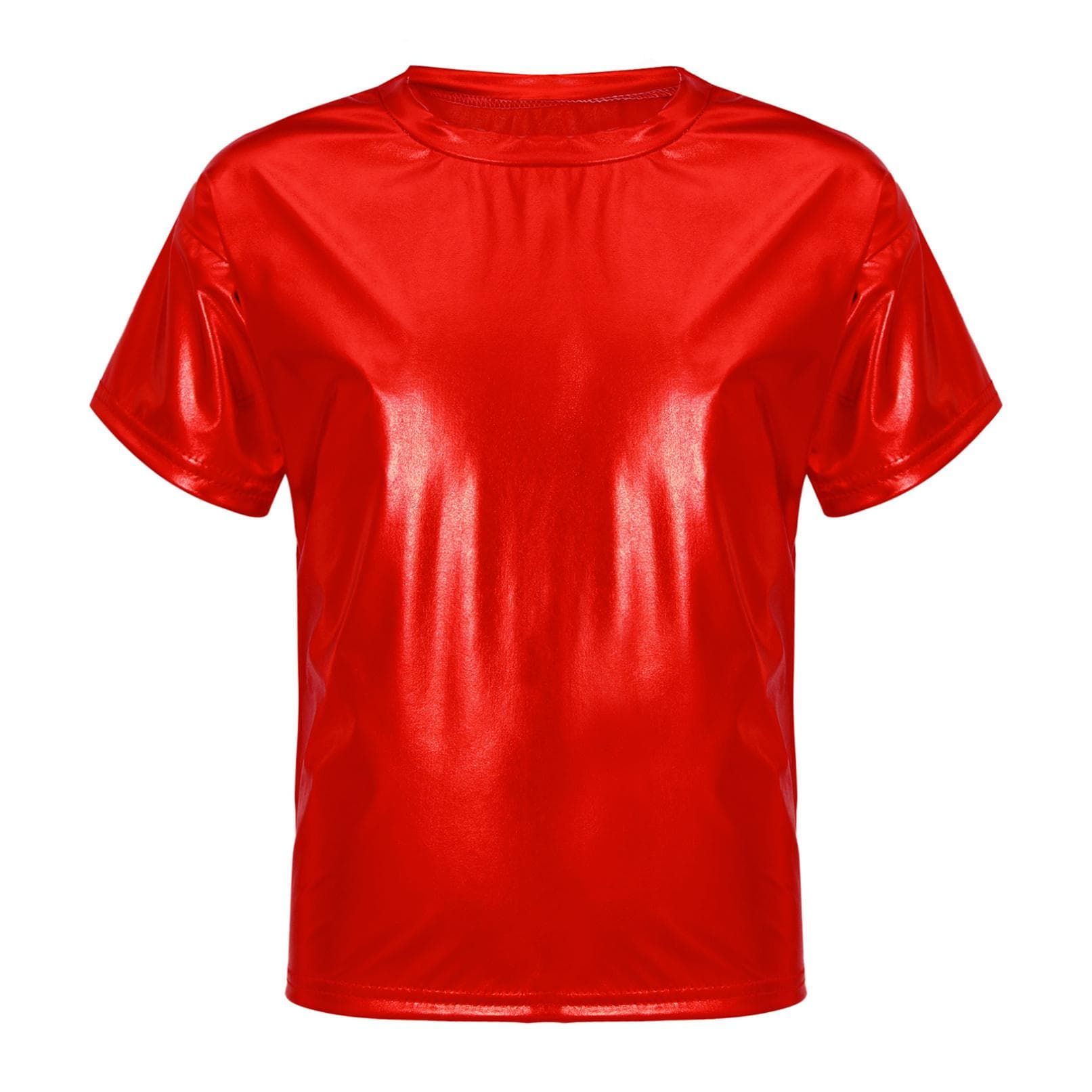 Kids Boys Girls Shiny Metallic Short Sleeve T-Shirts Dance Performance Tops Party Sparkly Outfits 7-8 Years red