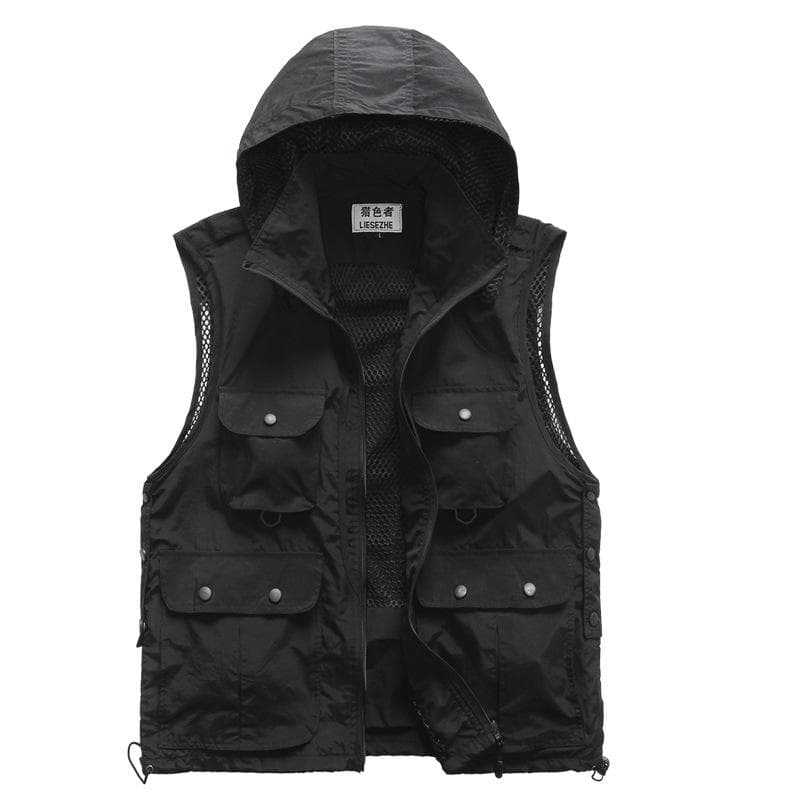 Hooded Multi Pockets Vests For Men Women Waistcoat Photographer Reporters Volunteer's Vest Tools Pockets Work Uniforms L black