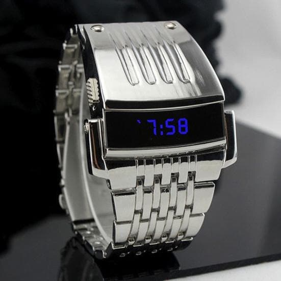 Yousheng LED Display Wide Stainless Steel Fashion Blue Band Men Digital Wrist Watch Gift silver