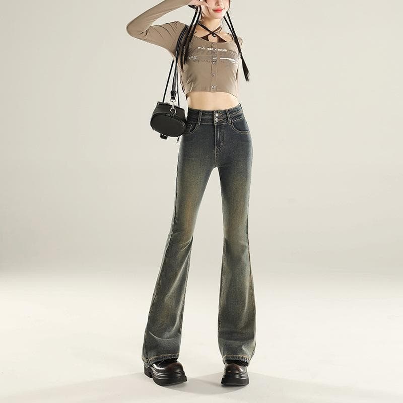 Flag-bottom Pants for Women In Autumn, Light-flat Jeans for Women In Autumn, Plus Velvet, Small, High Waist, Slim, Tassels, Soft 2XL