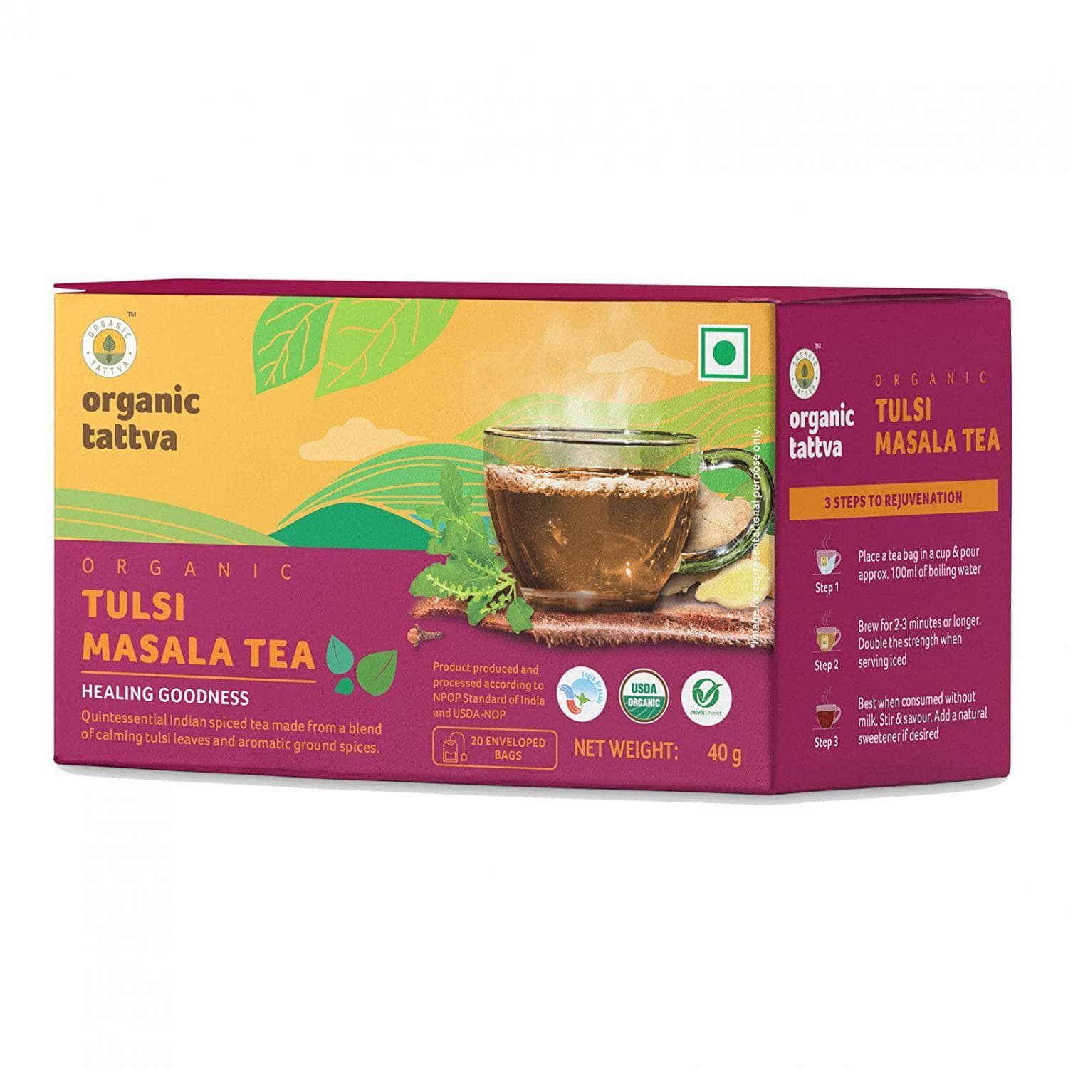 Masala Chai with Tulsi (20 pack, 2 g), Organic Tulsi Masala Tea, Organic Tattva