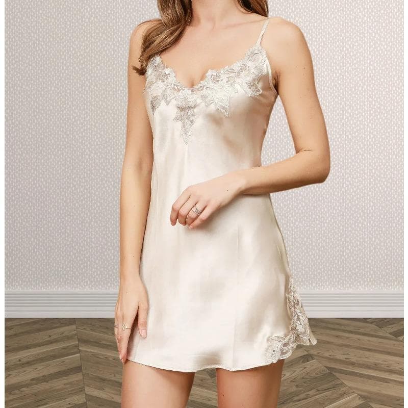 Pure Silk Lace Split Hem Nightgown Slip Dress Short Nightdress Sexy Lace Trim Sleepwear Nightgowns Silk Chemise Bridal Nighties 4XL