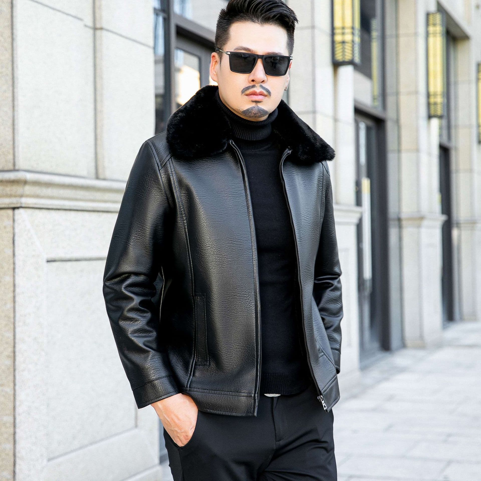 New Large Fur Collar Men's Leather Jacket, Autumn and Winter Casual Loose, Middle-aged and Elderly Plus Fleece Leather Jacket for Men 5XL black