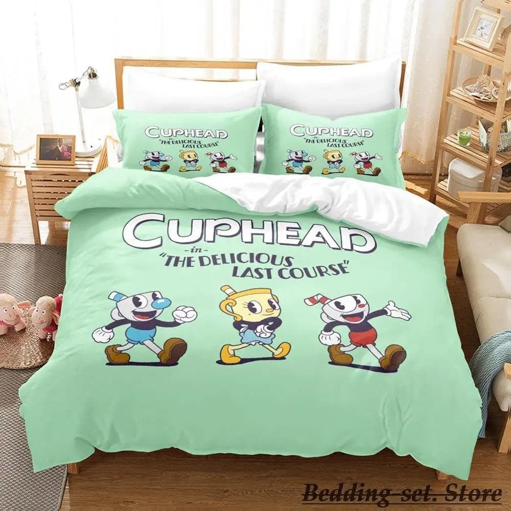 Game Cuphead Mugman Bedding Set Cartoon Anime three-piece set Adult Kid Bedroom Duvetcover Sets 3D Kawaii cama de casal US Queen 228x228cm