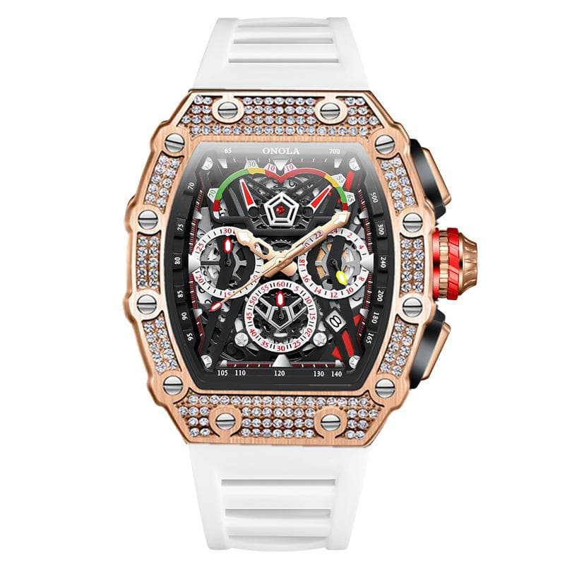 Fashion Iced Watch For Men Brand ONOLA Casual Silicone Strap Waterproof Quartz Watch Luxury Diamond Rose Wristwatch Man Gift white/rose gold
