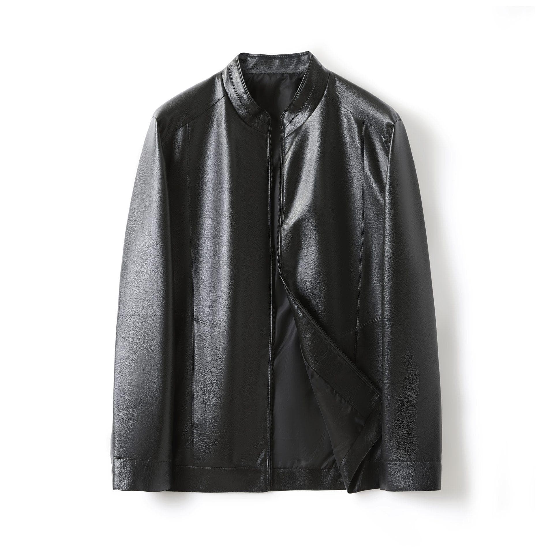 Men's Stand Collar Leather Slim-fit Autumn and Winter New Haining Leather Jacket Men's Middle Age Plus Fleece Thick Coat 4XL
