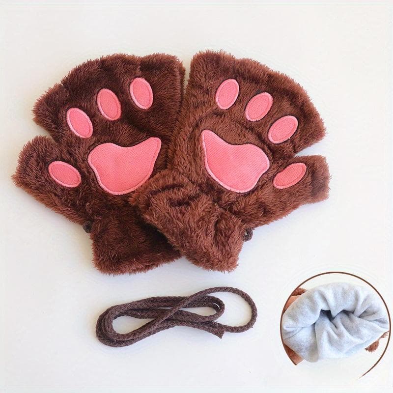 Women Bear Plush Cat Paw Claw Gloves Winter Faux Fur Cute Kitten Fingerless Mittens Gloves Christmas Halloween for Womens coffee