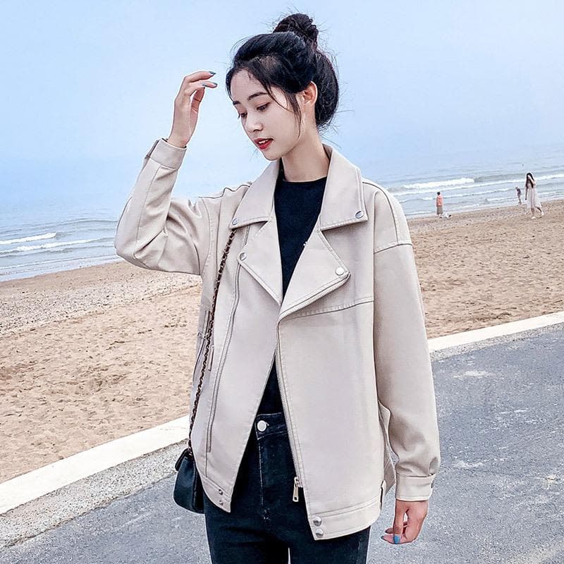 Autumn and Winter Regular Pu Leather Jacket Women's Leather Motorcycle Jacket Small Short Loose Black Jacket 2XL beige