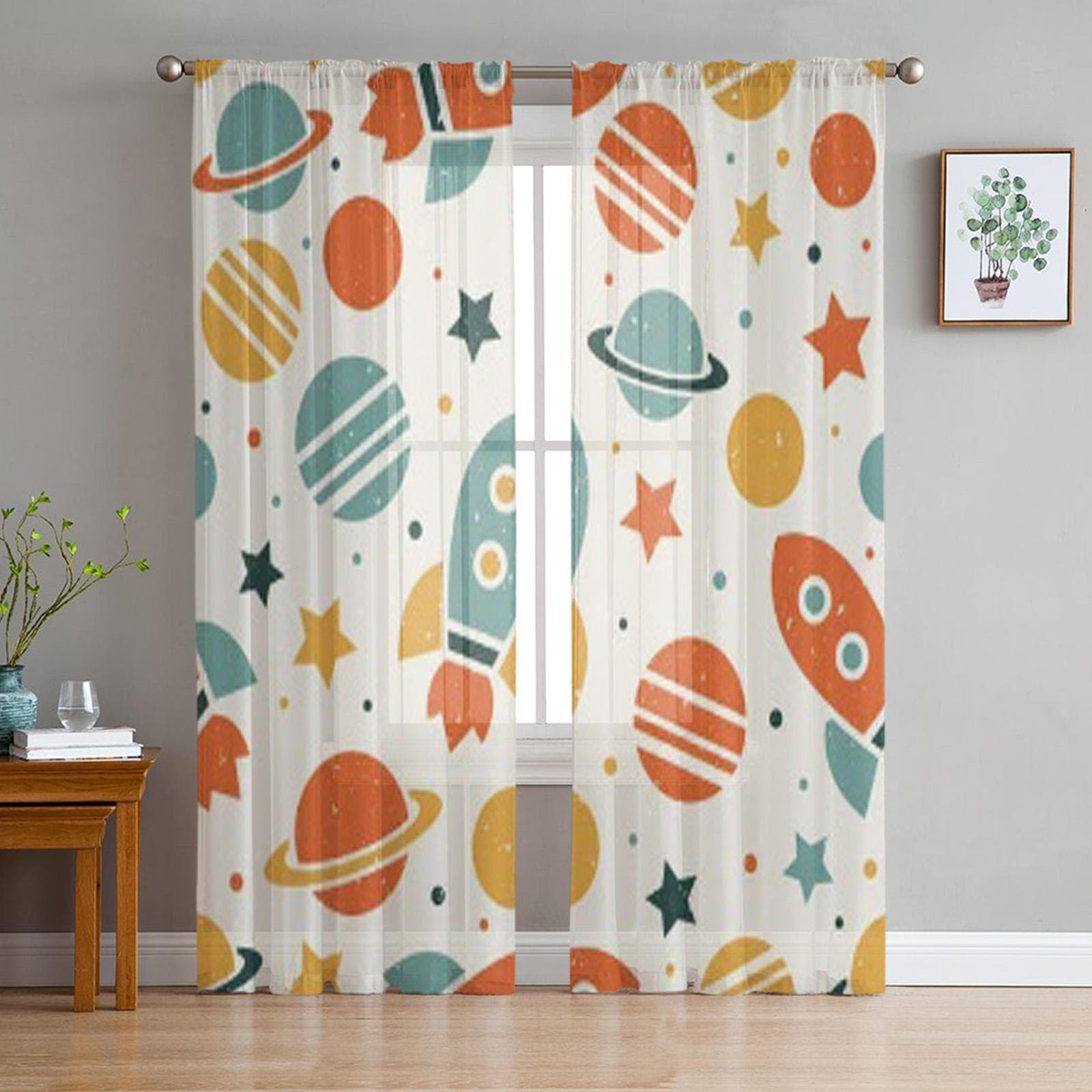 Space Elements Rocket Luxurious Chiffon Sheer Curtains for Living Room Bedroom Decoration Window Voiles Tulle Curtain 135W x 114H(cm)