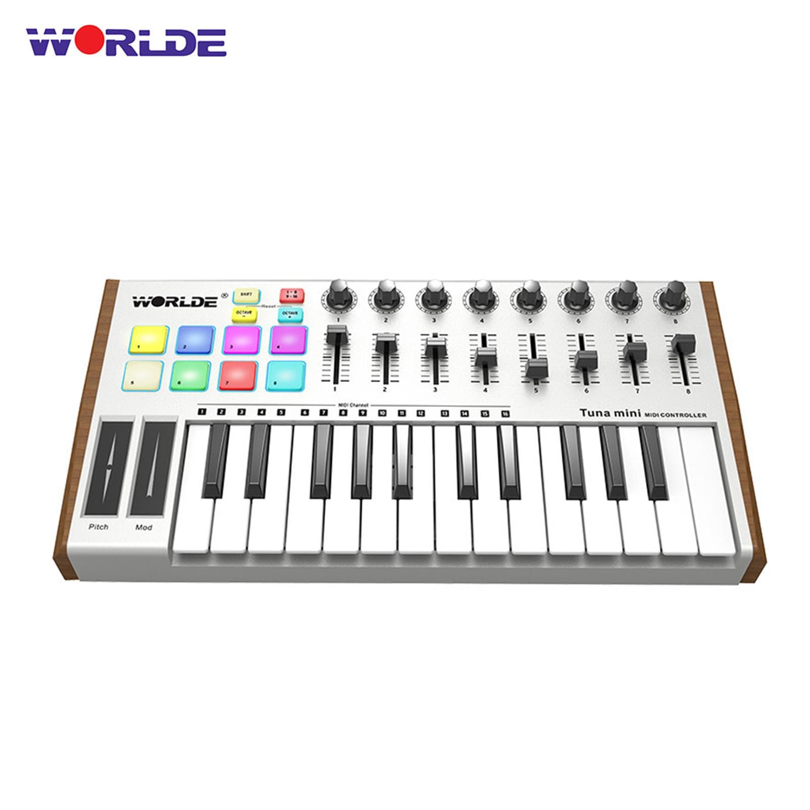 WORLDE TUNA MINI Ultra-Portable 25-Key USB MIDI Keyboard Controller 8 RGB Backlit Trigger Pads with