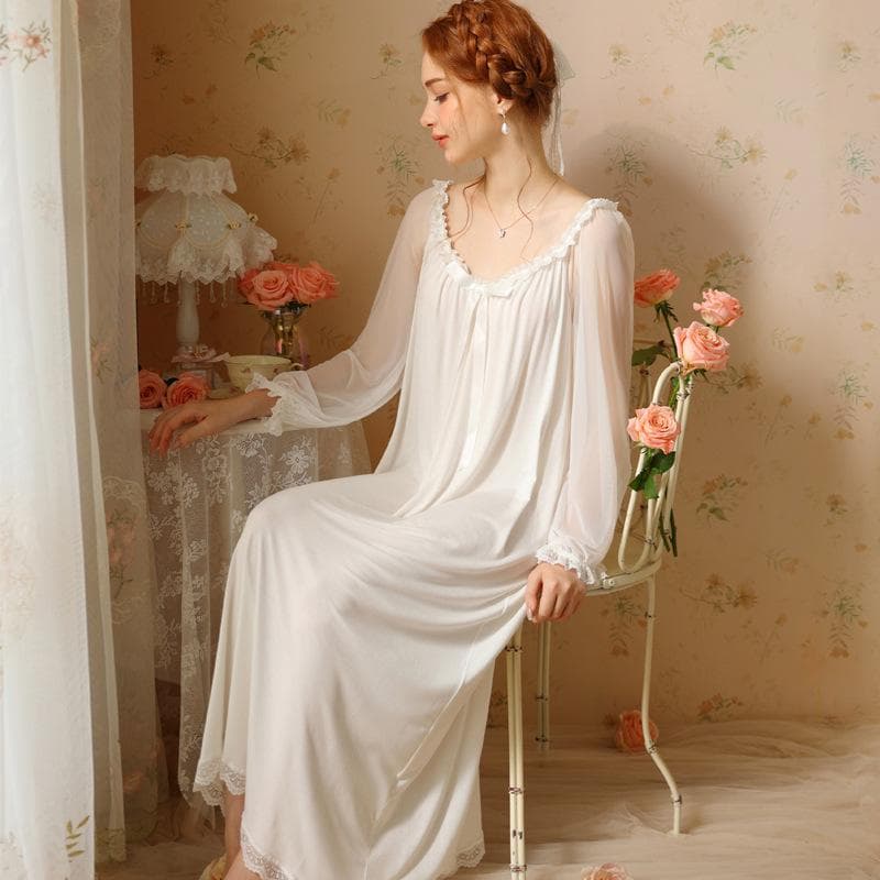 Fairy Style French Retro Long Pajamas for Girls Sweet Princess Nightgown Pajamas for Women Long White Nightgown Morning Dress M white