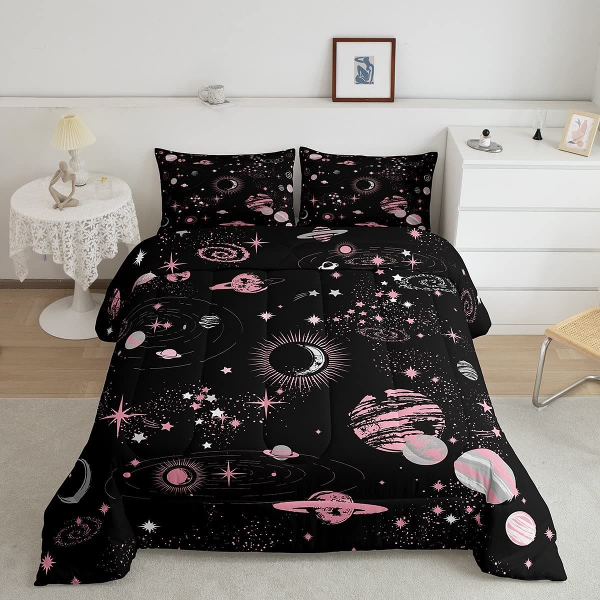 Galaxy Comforter Sets, 3D Outer Space Themed Bedding, All-Season Quilted Duvet, for Children Boy Girl Teen Kids with Pillow Sham 155x215cm 3pcs