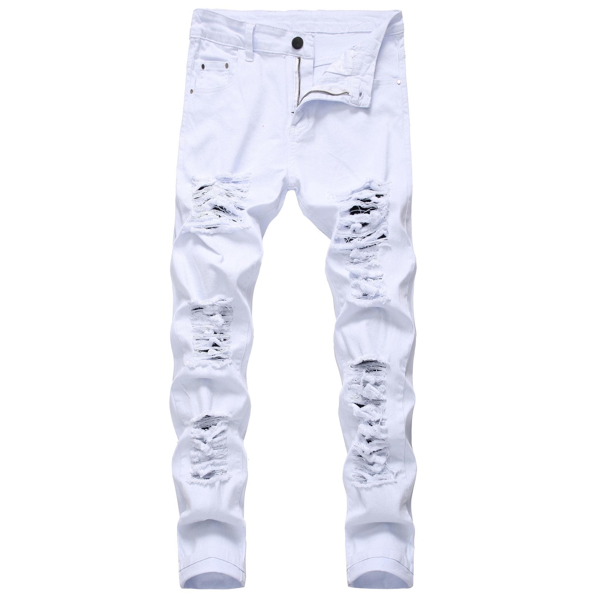 Men's Slim Fit Stretch Denim Jeans with Distressed Holes - White 38 white