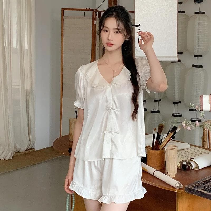Pajamas for Women Summer New Ice Silk Short-sleeved Shorts Two-piece Suit Home Wear for Women XL beige
