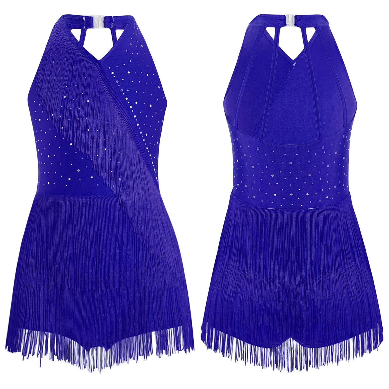 Kids Girls Latin Leotard Dress Dance Costume Rhinestones Fringe Bodysuit Skirted Dress Halter V-neck Sleeveless Tassel Jumpsuit 5-6 Years blue