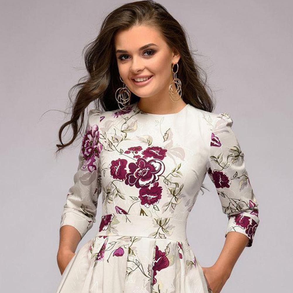 European Women's Floral A-line Pleated Dress with 3/4 Sleeves M beige