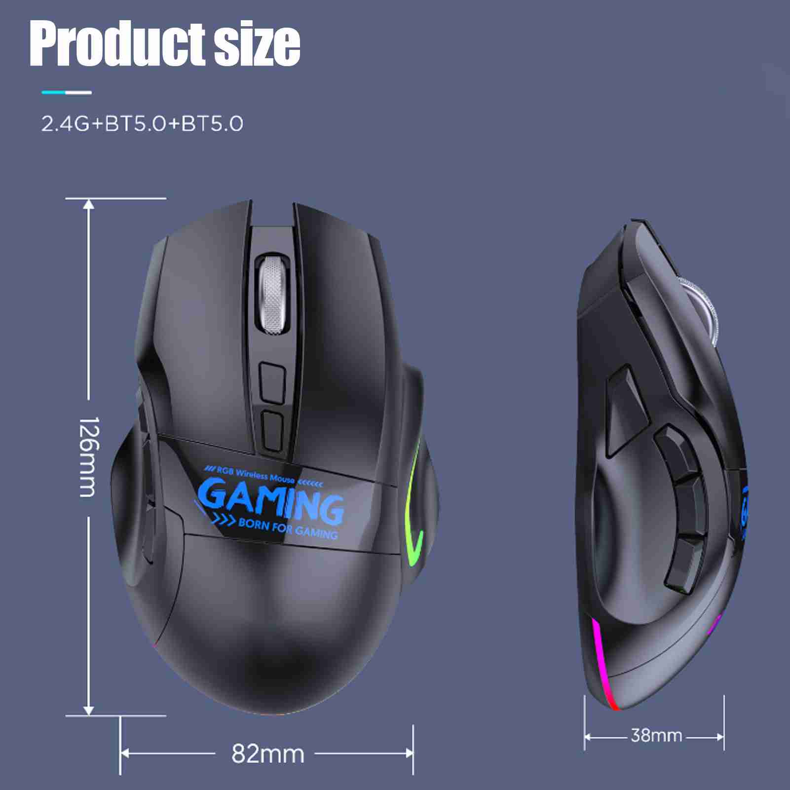 Wireless Gaming Mouse 9 Key Bluetooth Dual Mode DPI Adjustable Rechargeable Computer Mouse with RGB