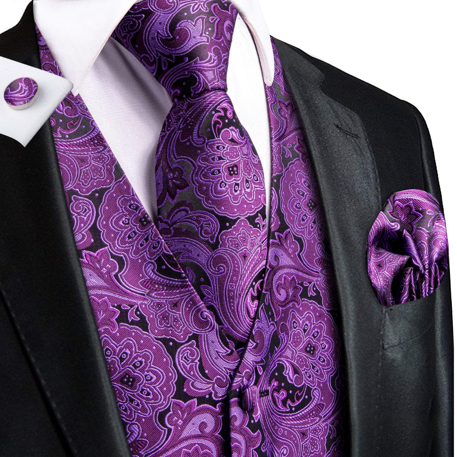 Hi-Tie Mens Waistcoat Silk Paisley Floral Tie Handkerchief Cufflinks SET Formal XL