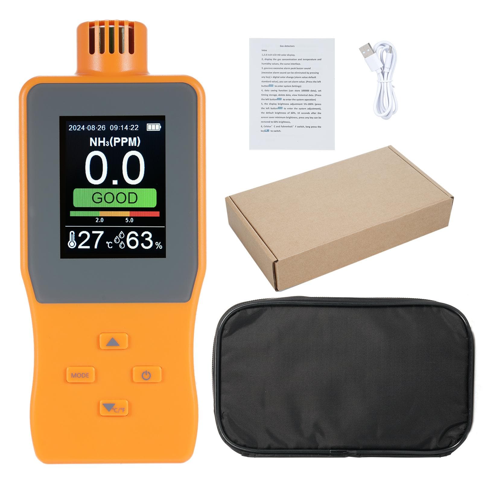 Handheld Ammonia Gas Detector 0~100 PPM Digital NH3 Gas Tester with LCD Display Temperature( Fahrenheit  celsius ) orange