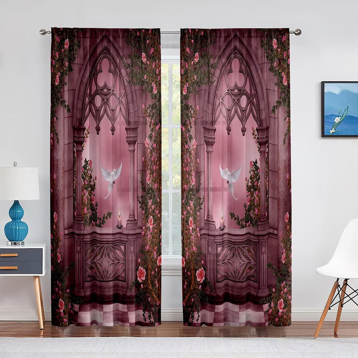 Rose Garden Pigeon Window Scenery Pink Floral Tulle Curtains for Living Room Decor Chiffon Sheer Voile Kitchen Bedroom Curtain 1 PCS W100XH250cm&Grommet Top