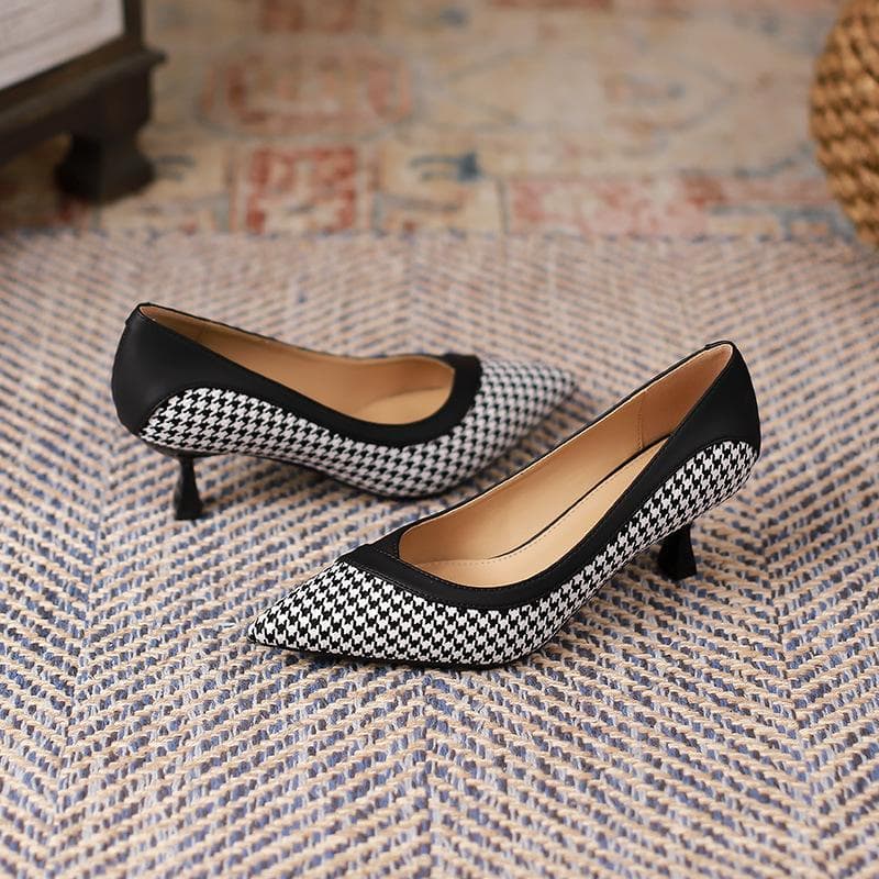 Vintage Houndstooth Color-block Single Shoe Woman Women's Autumn New Pointed Toe Stiletto Heel Woman 39
