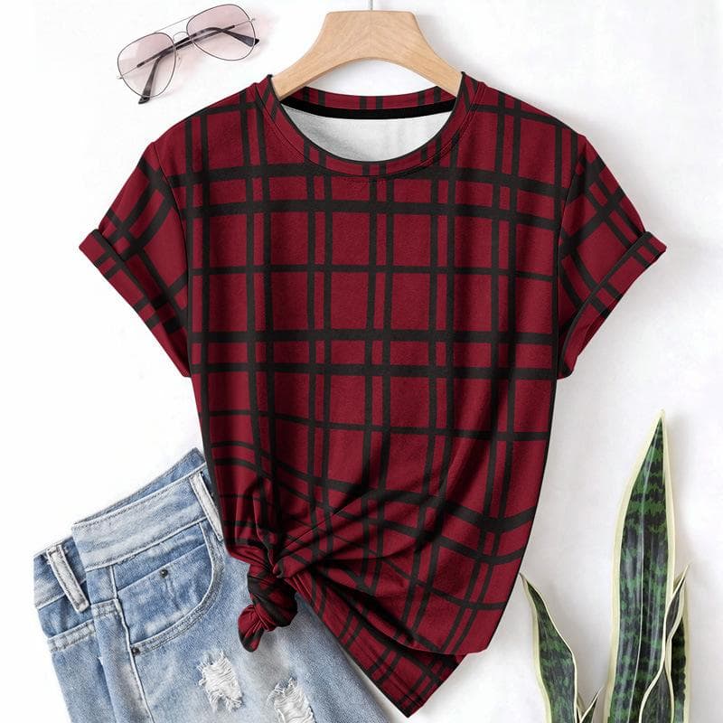 Striped Casual Sports Women's T-shirt Summer Round Neck Short Sleeved Element Pattern Checkered Loose Fit T-shirts XL