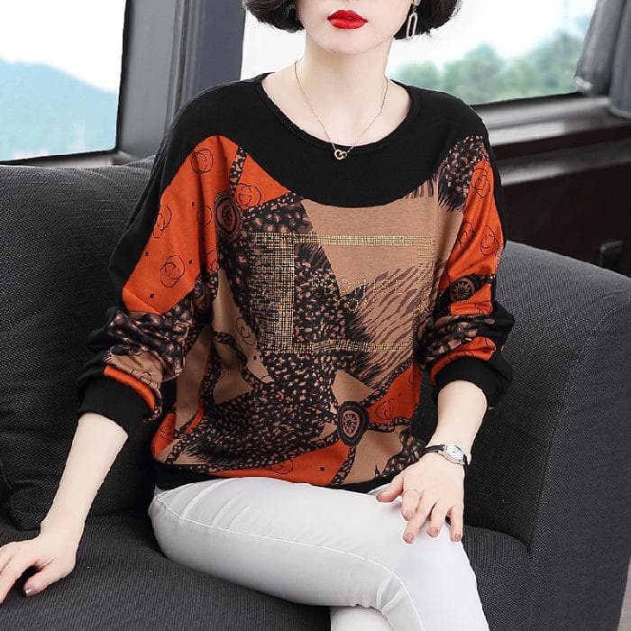 Long-sleeved T-shirt for Women In Spring and Autumn New Style Middle-aged Mother Fashionable Base Shirt for Women Loose Large Size Belly Covering Top M