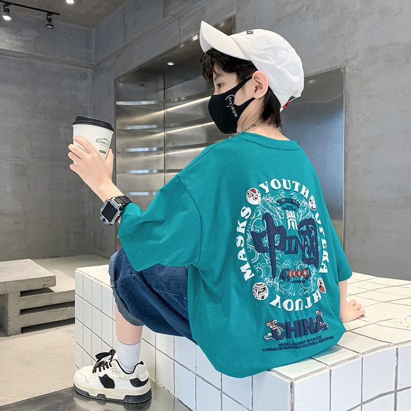 Children's Clothing, Boys' Short-sleeved T-shirts, Summer Clothes, Children's Boys, Medium and Large Children's Summer Tops, Trendy T-shirts 170cm green