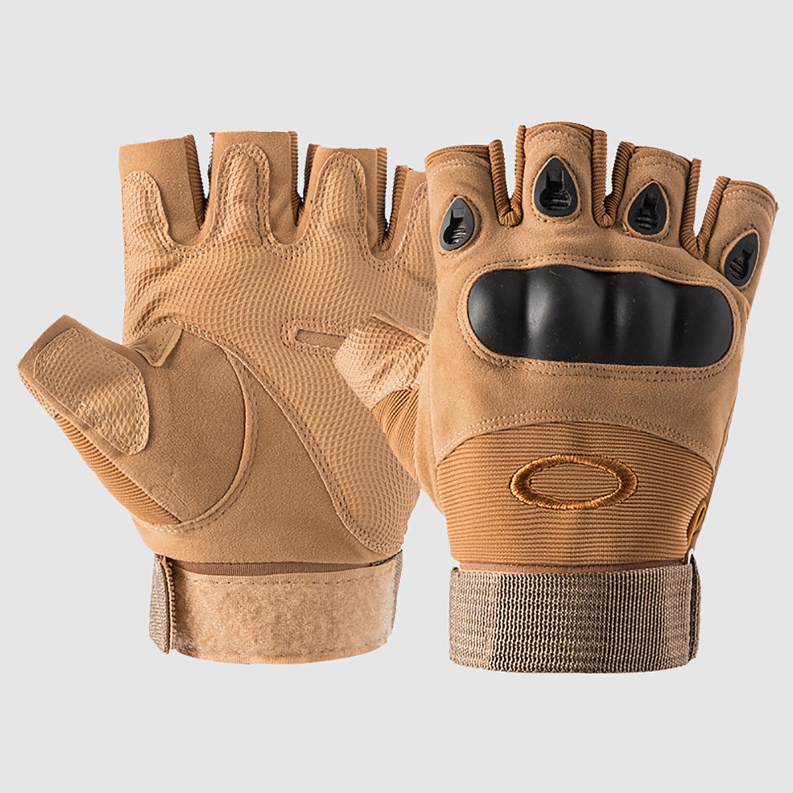 Fingerless Gloves with Hard Knuckle Anti-Slip Adjustable Half Finger Sports Gloves for Fitness Large khaki