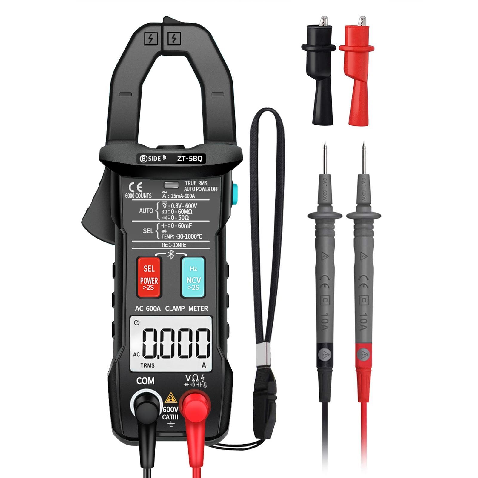 BSIDE ZT-5BQ 6000 Counts High Precision NCV Test Digital Smart Clamp Meter with BT Function True black