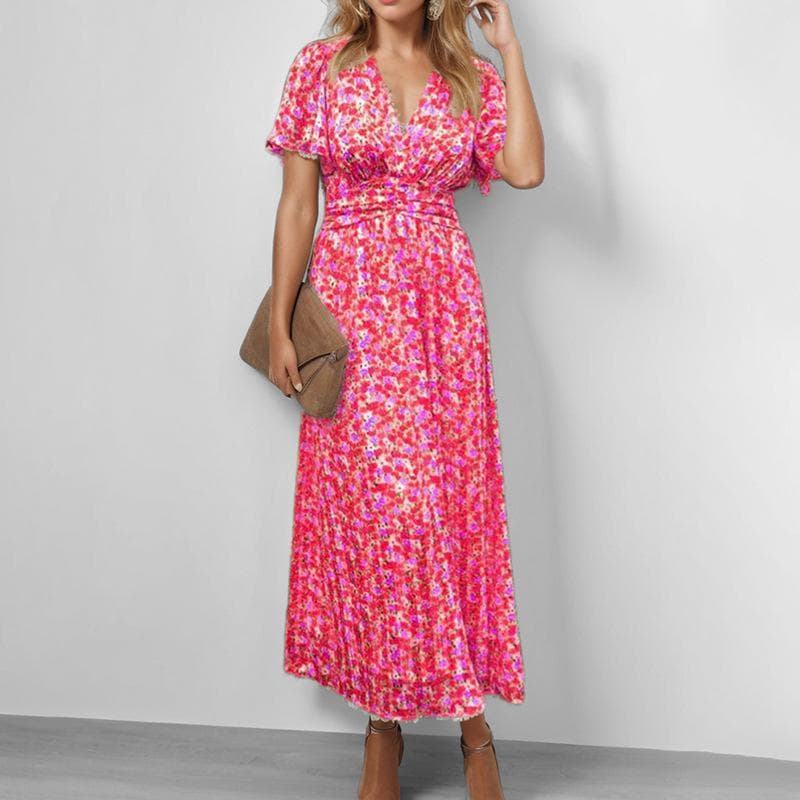 Spring New Women's Fashion Printed Temperament V-neck Lotus Leaf Sleeves Long Dress XL red