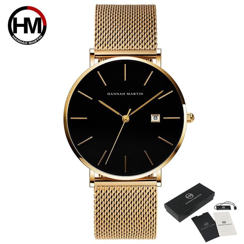 Hannah Martin Fashion Men's Watch Brand Luxury Male Quartz Watches Minimalist Casual Leather Strap Digital Calendar Wristwatch Men Clock gold/black