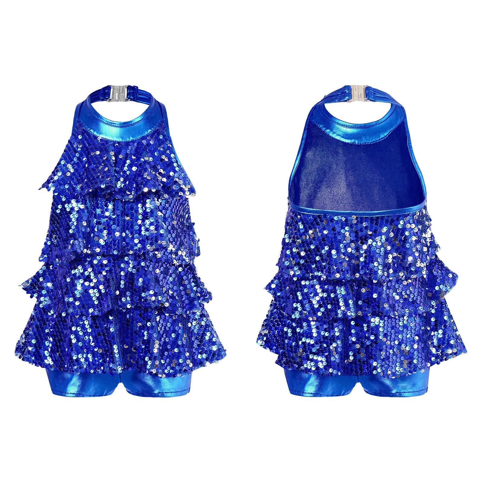 Dancewear for Kids Girls Halter Neck Sequins Jazz Dance Costume Shorty Unitard Dress 9-10 Years royal blue