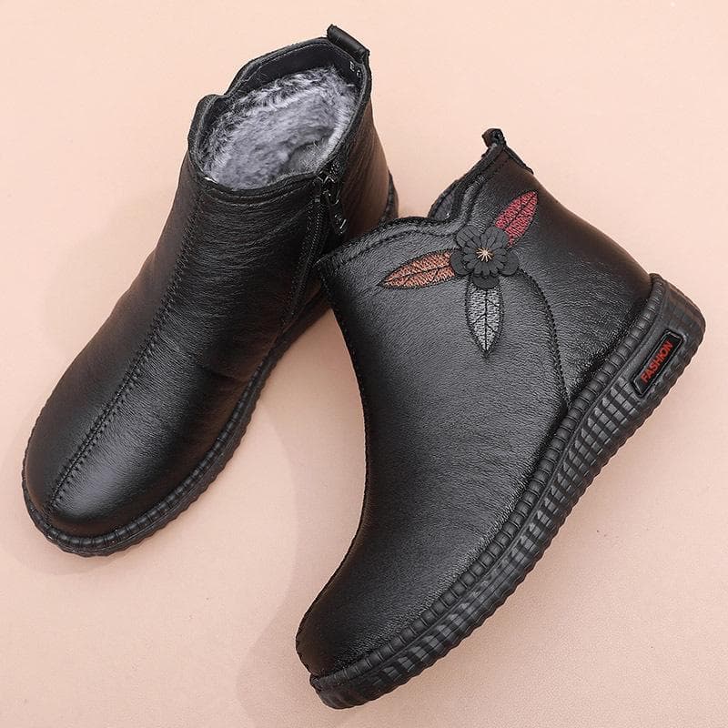 Winter Genuine Leather Women Ankle Boots Shoes Women Thick Plush Warm Casual Ankle Boots Mother Waterproof Non-slip Booties 38 black
