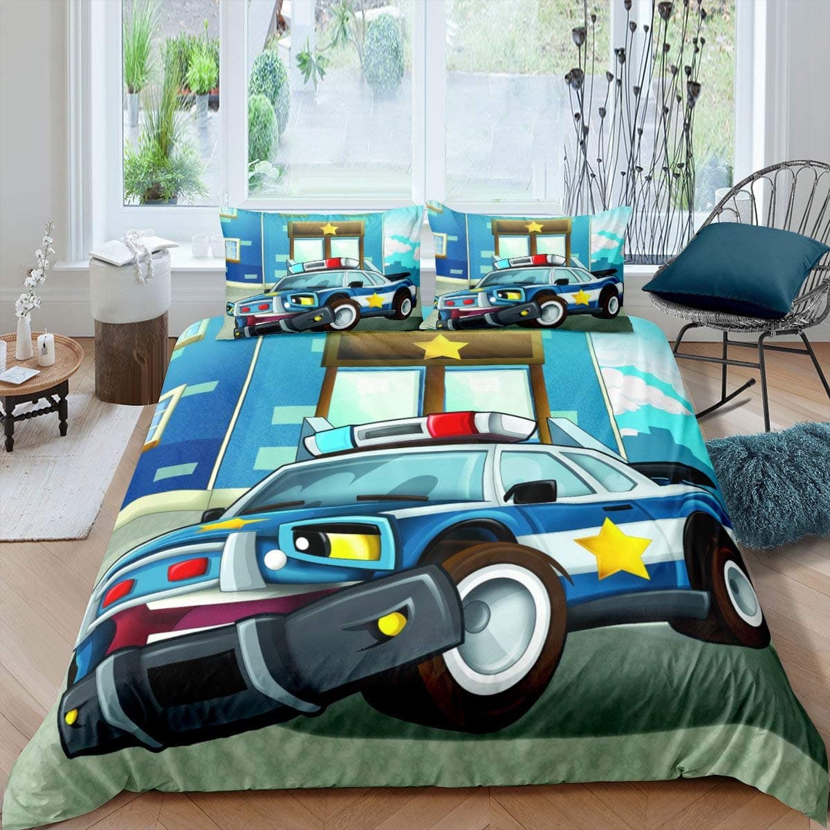 Policeman Car King Queen Duvet Cover Cartoon Black Police Car Bedding Set Boys Red Blue Cop Lights 2/3pcs Polyester Quilt Cover 70x133cm 2pcs
