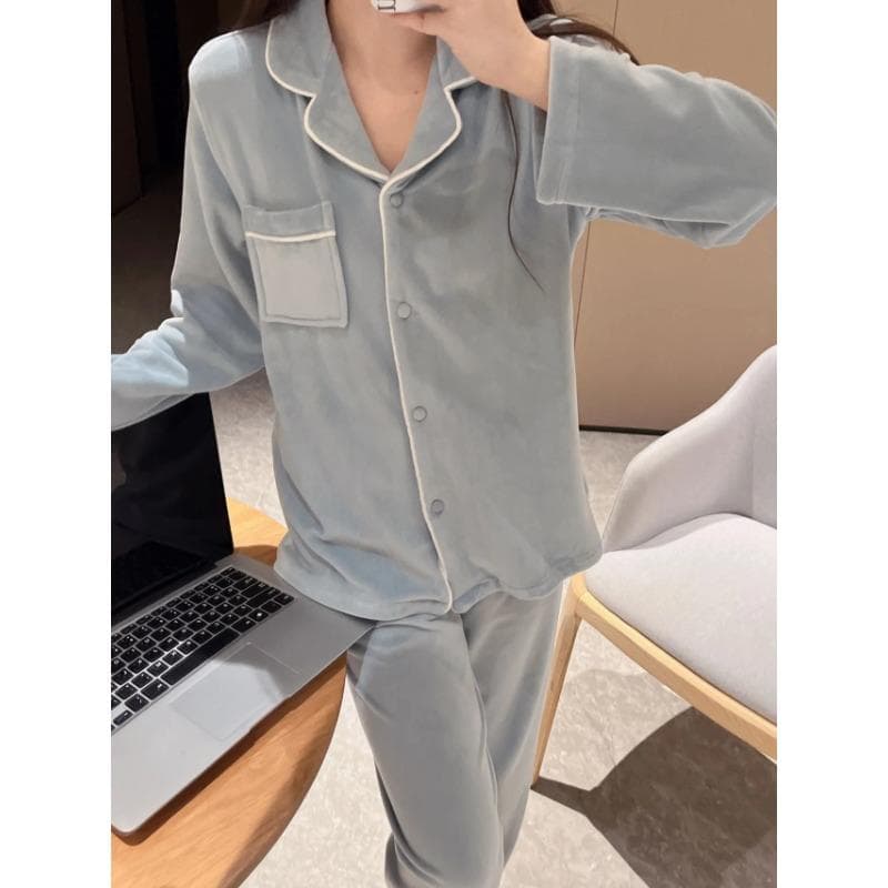 Winter Cardigan Pajamas Simple Long-sleeved Pants Two-piece Set Pajamas Loose Casual Thickened Home Clothes Flannel Warm Pajamas XL