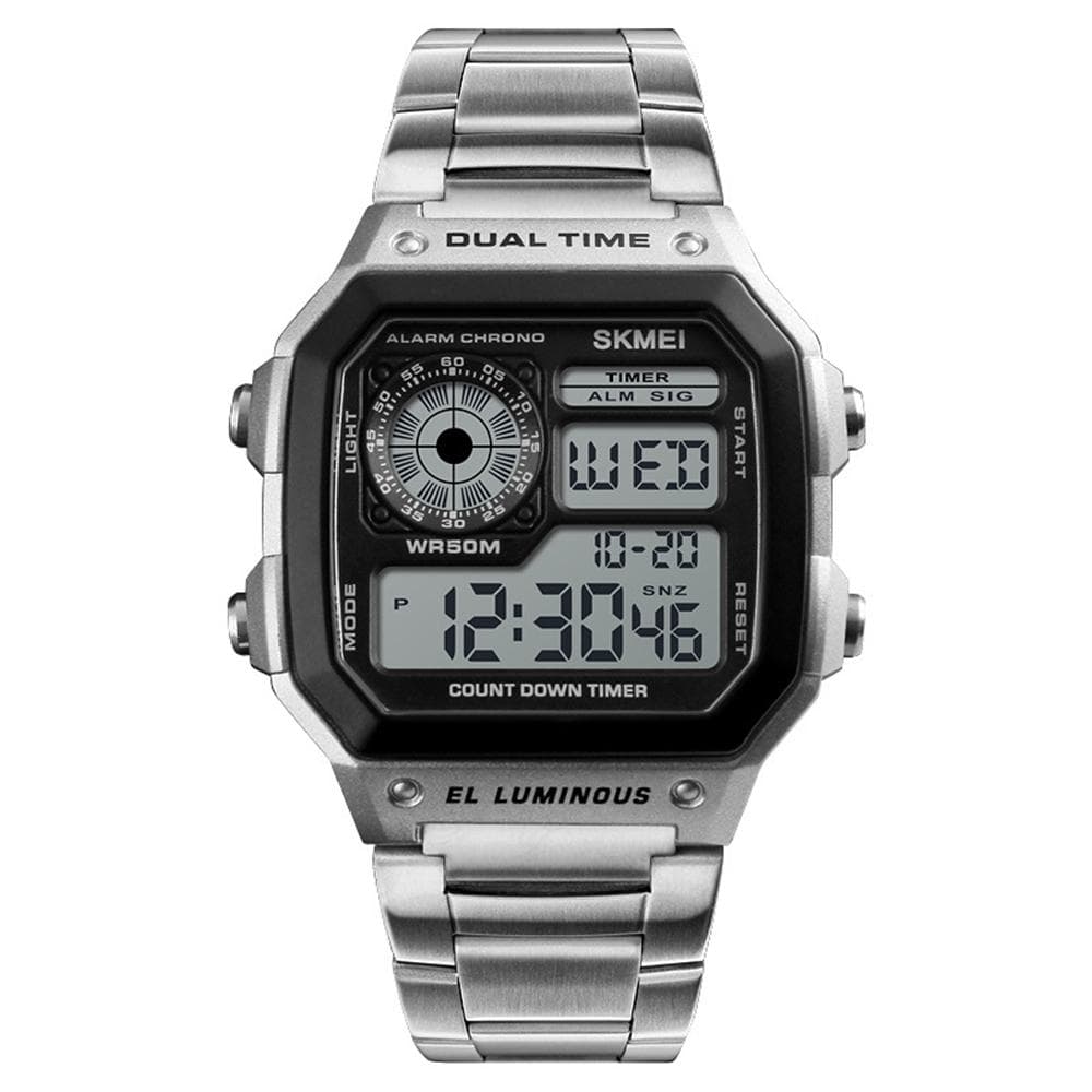 Men Digital Watch Stopwatch Countdown Alarm Luminous Watch silver