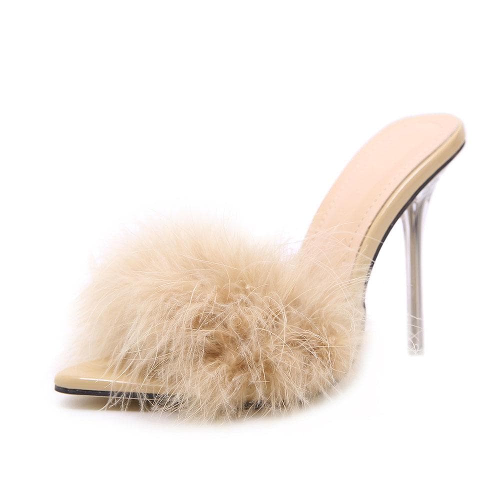 Summer Feather Pointed Toe High Heels Mules Sandals Metal Thin Heels Sexy Party Pole Dance Women's Shoes 39