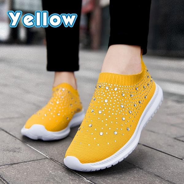 Fashionable Women's Lightweight Breathable Mesh Elastic Casual Shoes Striped Rainbow Rhinestone Shoes 35 yellow