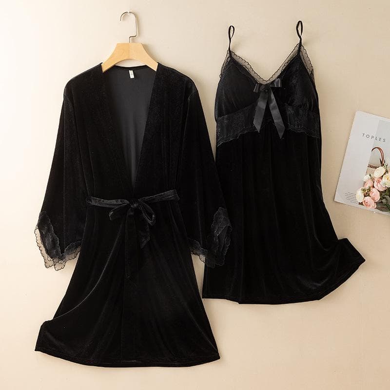 New Autumn Velvet Pajamas Two-piece Robe Set Feminine Lace See-through Robe Bathrobe Casual Velvet Home Clothes L