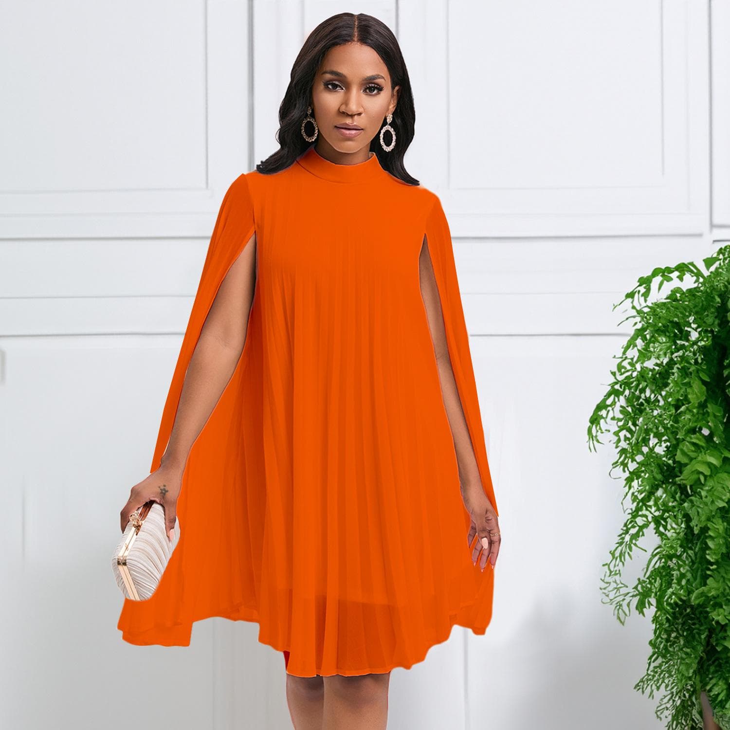 YYFS Women's Fashion Spring Fall Solid Color Print Long Sleeve Half Turtleneck Loose Waistline Casual Dresses XXL orange