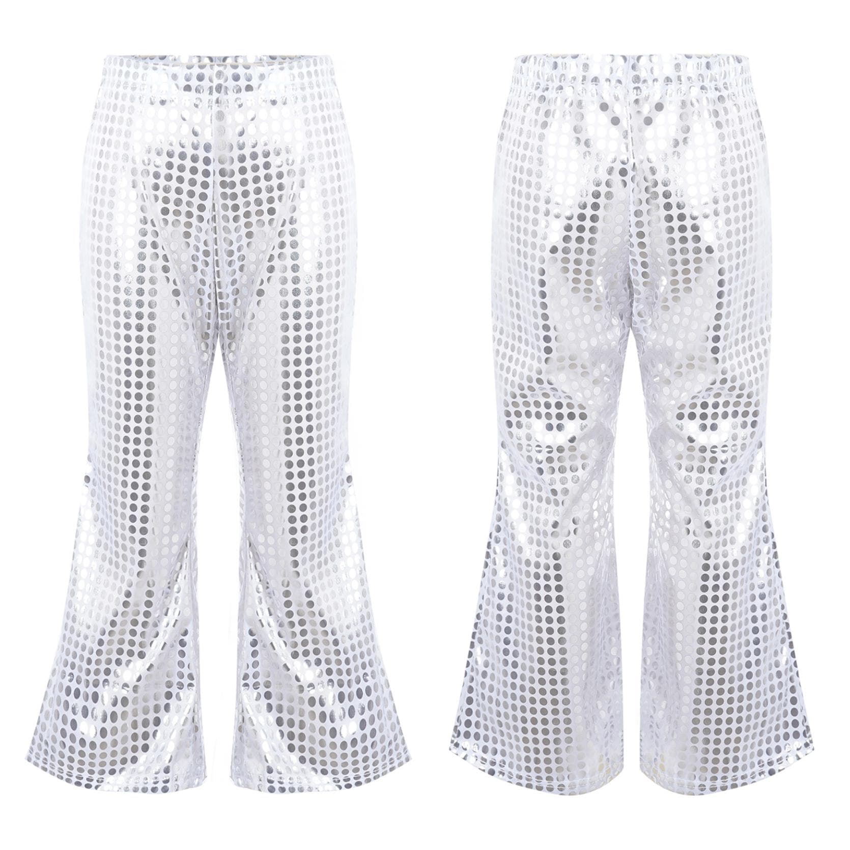 Kids Flared Pants Boys Girls Shiny Sequins Elastic Waist Bell BottomTrousers for Jazz Disco Modern Dance Stage Performance Pants 6-7 Years silver