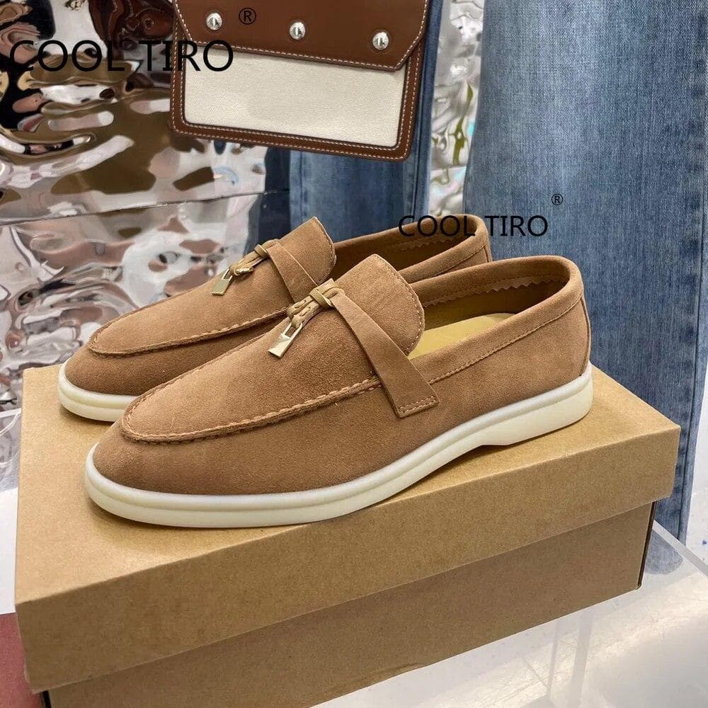 Woman Flat Shoes Slip On Women Loafers Leather Metal Lock Blue Suede Moccasins Mules Casual Driving Shoe Summer Walk Shoes Femme 42