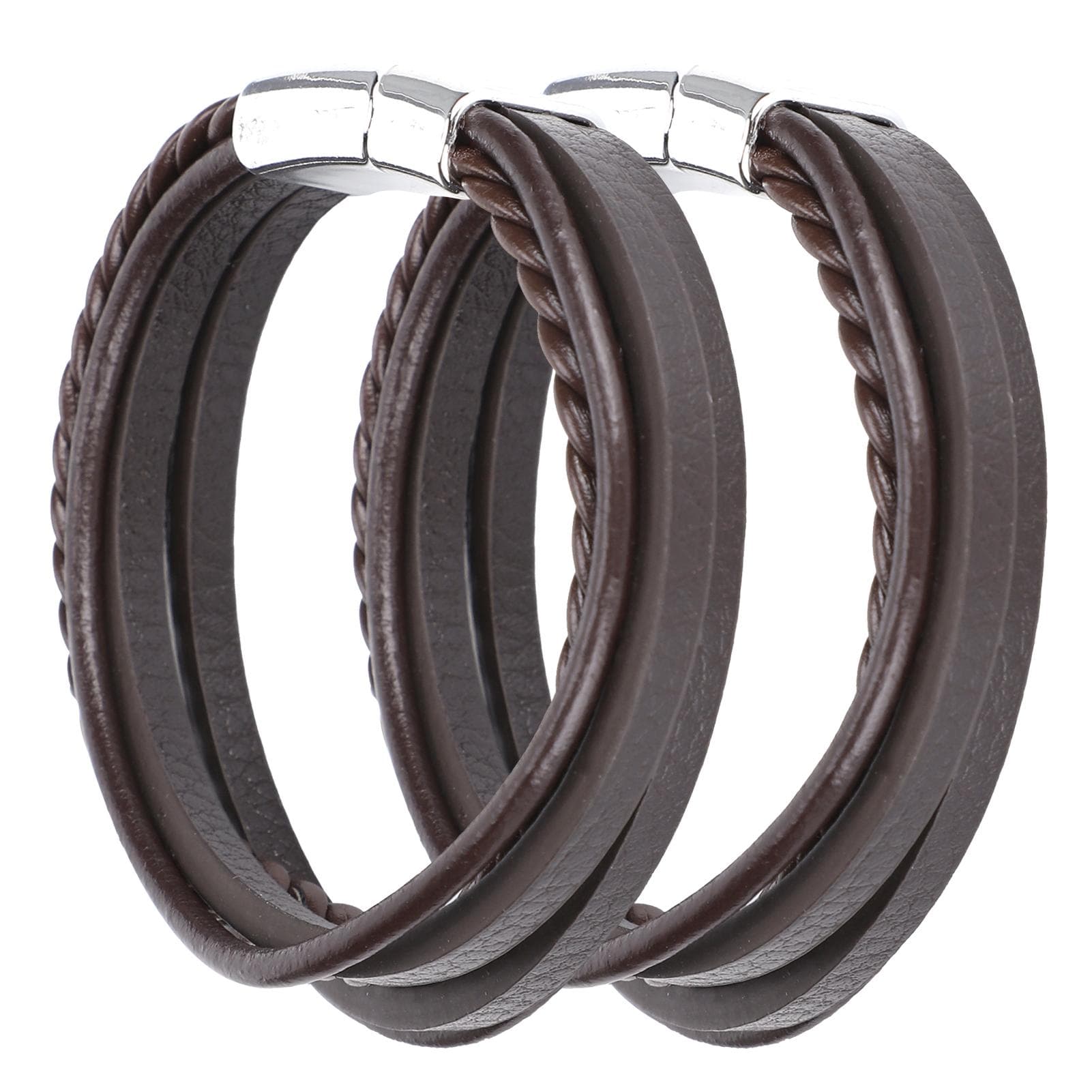 2Pcs Casual PU Leather Bracelet Woven Magnet Clasp Vintage Fashion Craft DecorationBrown Leather