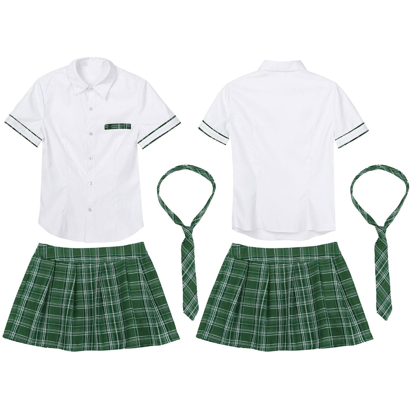 Women School Uniform Cosplay Set Short Sleeve Shirt with Plaid Skirt Costume 4XL green