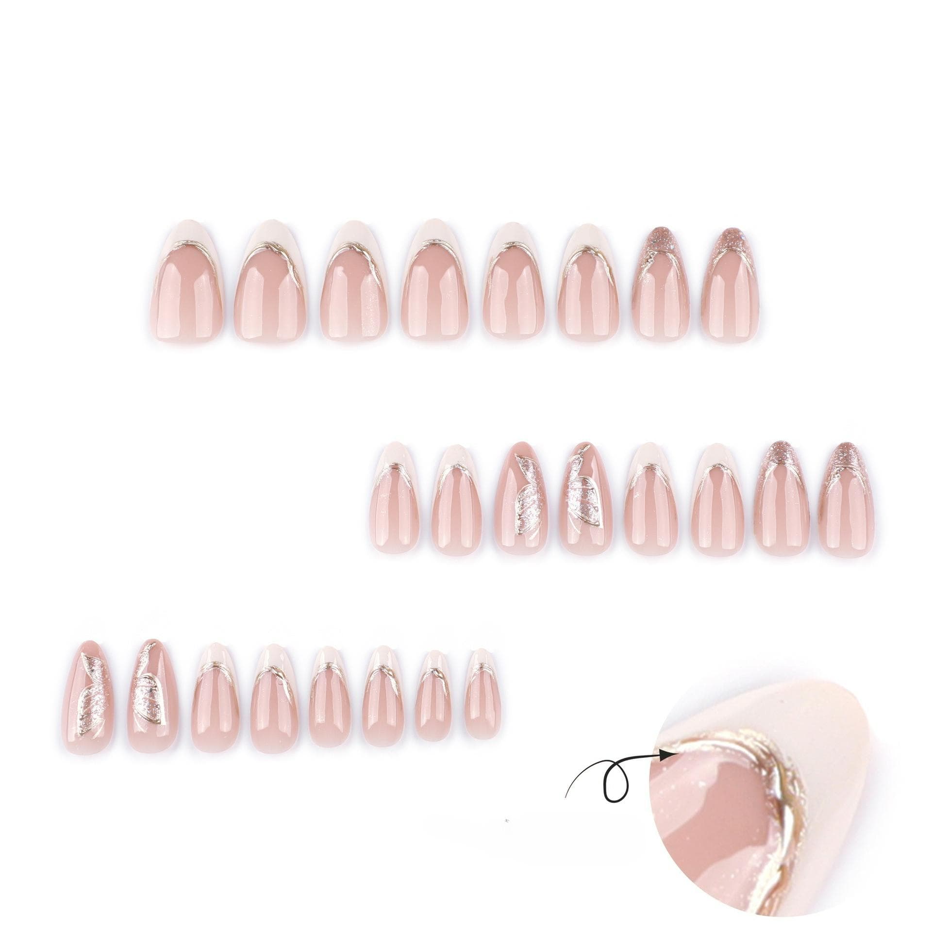 24pcs Handmade Nail Stickers, Short Nails, Almond Shape Fake Nails, Gold Line, White French Nails, Manicure Press On Nails, Gold Bow Decor