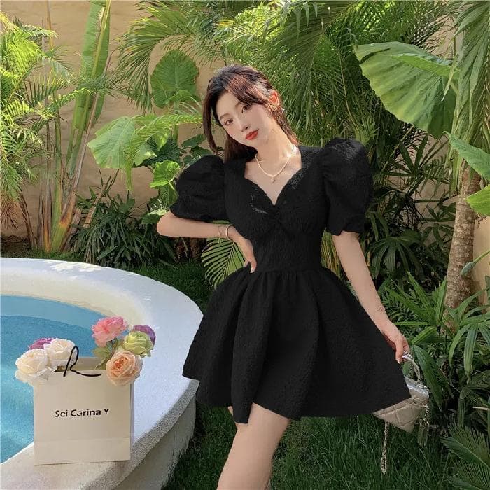 Summer New Sweet V-neck Waist Short Skirt Retro Lantern Sleeve Dress Women L