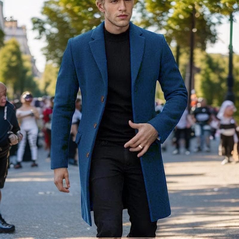 Wool Coat Men's Coat Japanese and Korean Single-breasted Woolen Coat M blue