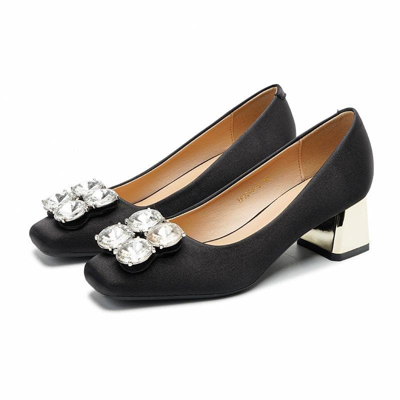 Small Korean Version of Square Satin Shoes Women  Women Autumn New Rhinestone High Heels Women 40